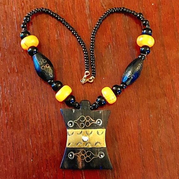 Ebony & brass amulet with glass bead necklace, origin Burkina Faso - Picture 1 of 5